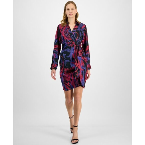 Tahari ASL Women's Printed Faux-Wrap Dress Black Blue Size 16 MSRP $139 - Picture 1 of 5